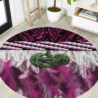 Pink Traditional Cloak Aotearoa Round Carpet Maori Paua Shell Korowai Pattern