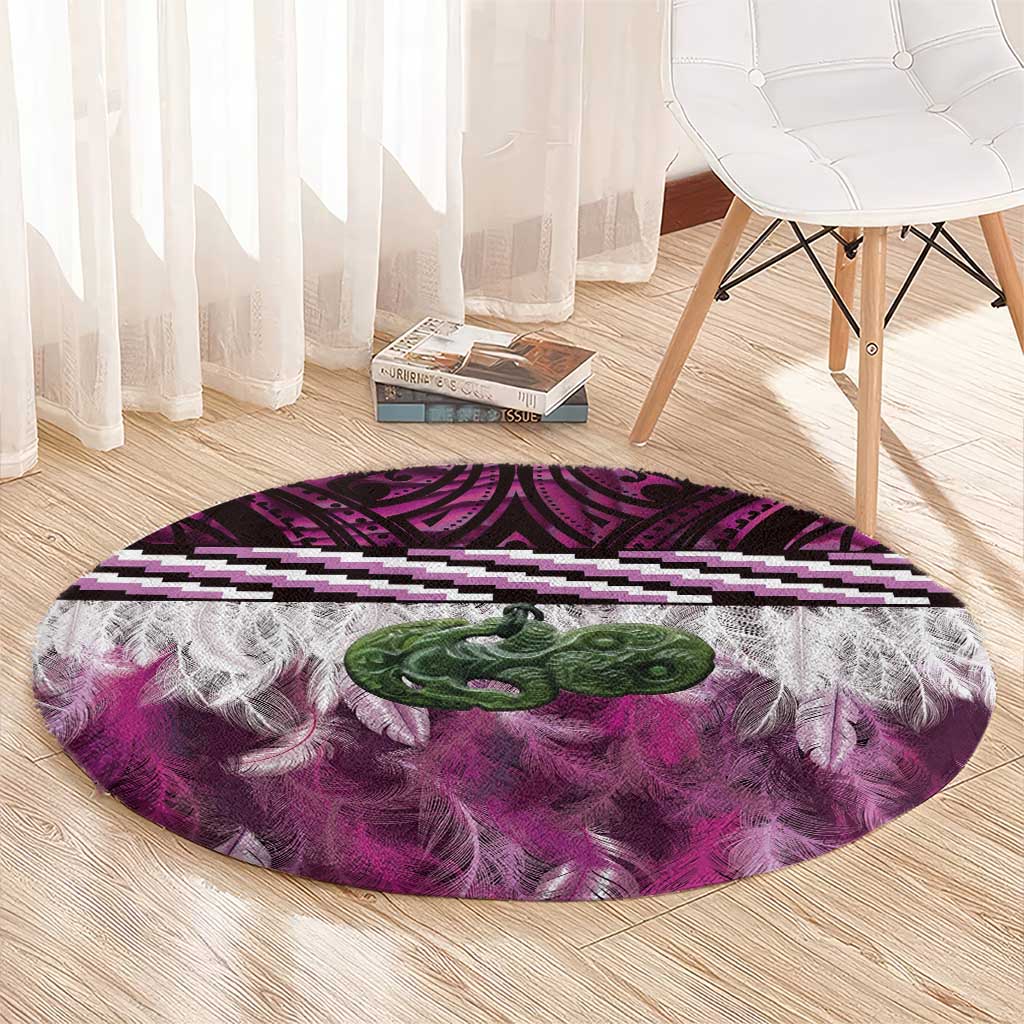 Pink Traditional Cloak Aotearoa Round Carpet Maori Paua Shell Korowai Pattern