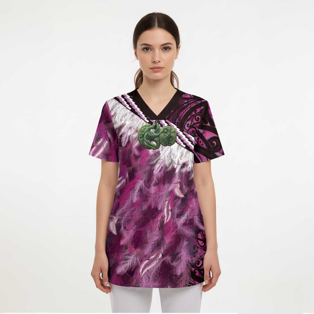 Pink Traditional Cloak Aotearoa Scrub Top Maori Paua Shell Korowai Pattern - Polynesian Pride