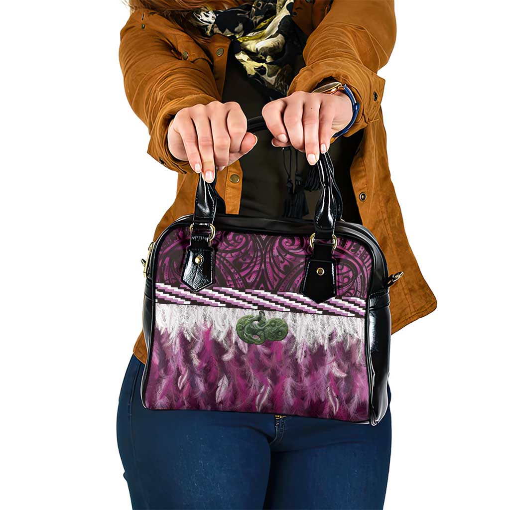 Pink Traditional Cloak Aotearoa Shoulder Handbag Maori Paua Shell Korowai Pattern