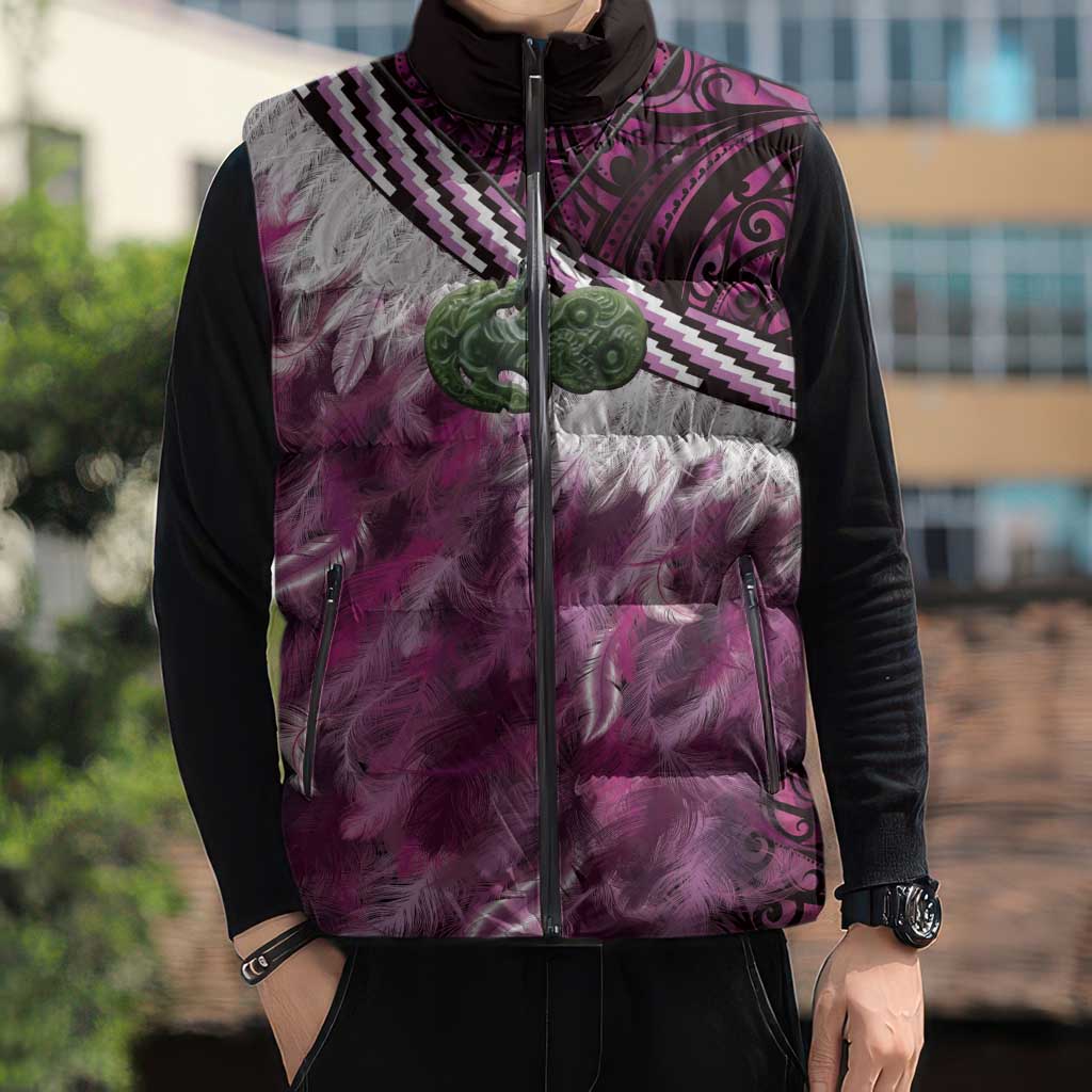 Pink Traditional Cloak Aotearoa Sleeveless Puffer Jacket Maori Paua Shell Korowai Pattern - Polynesian Pride