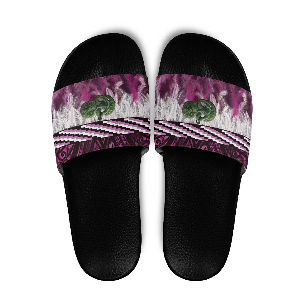 Pink Traditional Cloak Aotearoa Slide Sandals Maori Paua Shell Korowai Pattern - Polynesian Pride