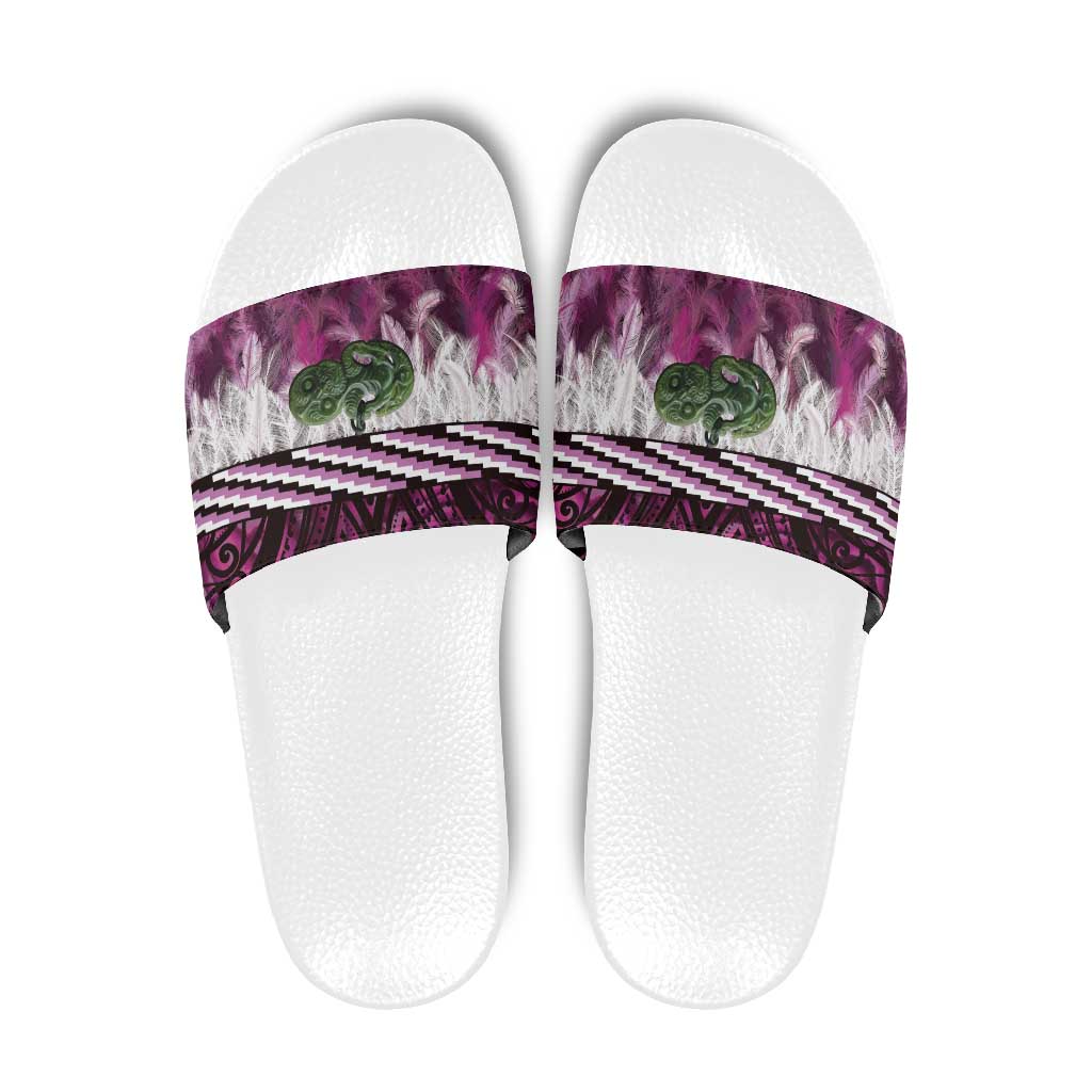 Pink Traditional Cloak Aotearoa Slide Sandals Maori Paua Shell Korowai Pattern - Polynesian Pride