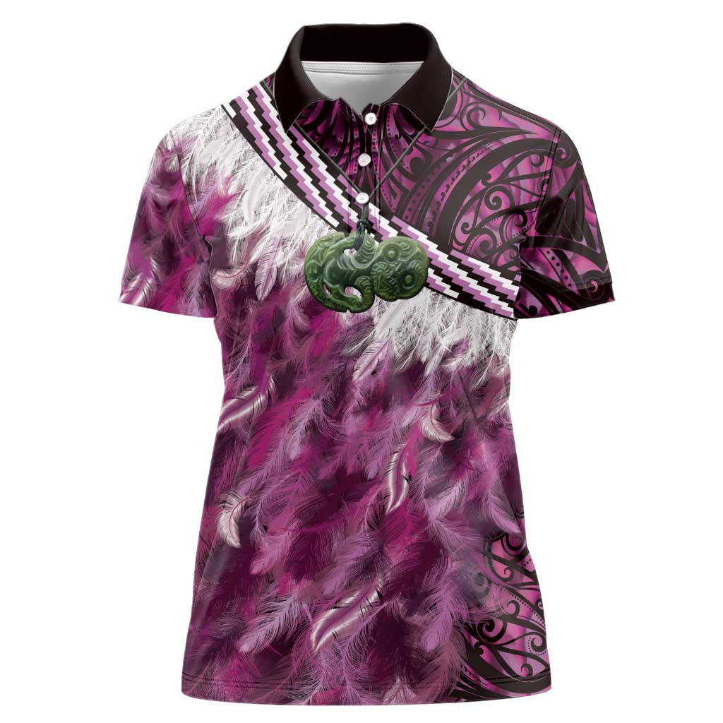 Pink Traditional Cloak Aotearoa Women Polo Shirt Maori Paua Shell Korowai Pattern