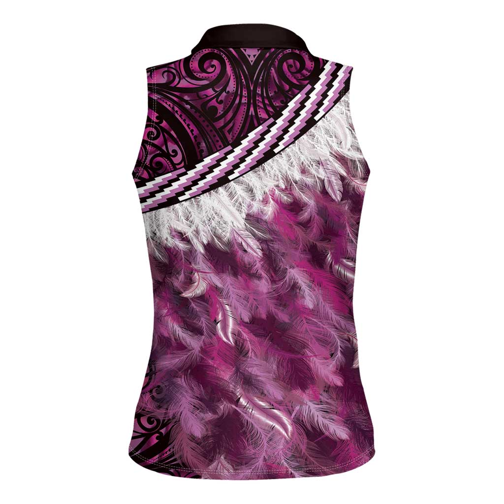 Pink Traditional Cloak Aotearoa Women Sleeveless Polo Shirt Maori Paua Shell Korowai Pattern