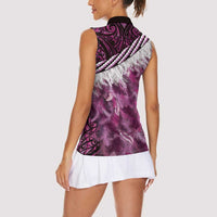 Pink Traditional Cloak Aotearoa Women Sleeveless Polo Shirt Maori Paua Shell Korowai Pattern