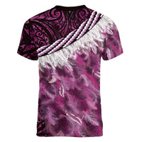 Pink Traditional Cloak Aotearoa Women V-Neck T-Shirt Maori Paua Shell Korowai Pattern