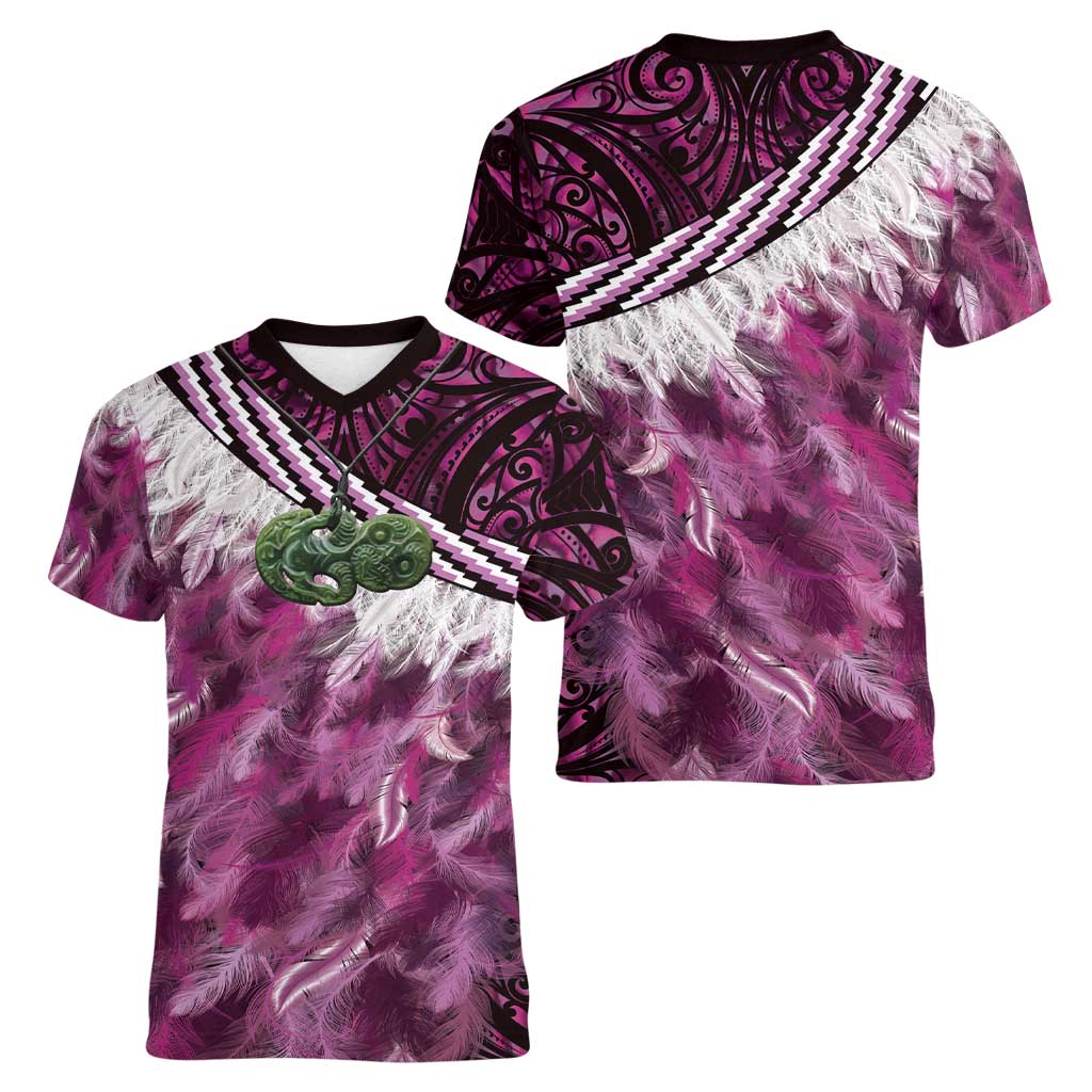 Pink Traditional Cloak Aotearoa Women V-Neck T-Shirt Maori Paua Shell Korowai Pattern