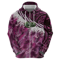 Pink Traditional Cloak Aotearoa Zip Hoodie Maori Paua Shell Korowai Pattern
