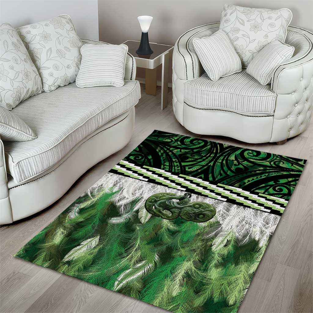Green Traditional Cloak Aotearoa Area Rug Maori Paua Shell Korowai Pattern