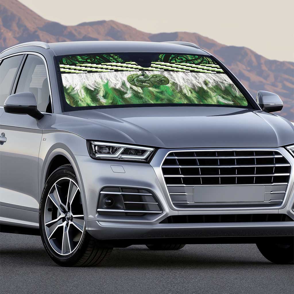 Green Traditional Cloak Aotearoa Auto Sun Shade Maori Paua Shell Korowai Pattern - Polynesian Pride