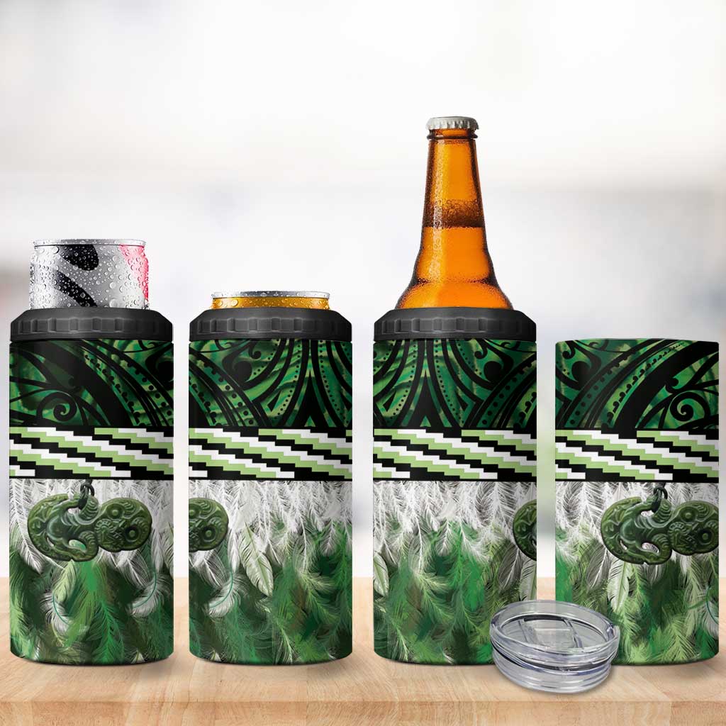 Green Traditional Cloak Aotearoa 4 in 1 Can Cooler Tumbler Maori Paua Shell Korowai Pattern LT14 - Polynesian Pride