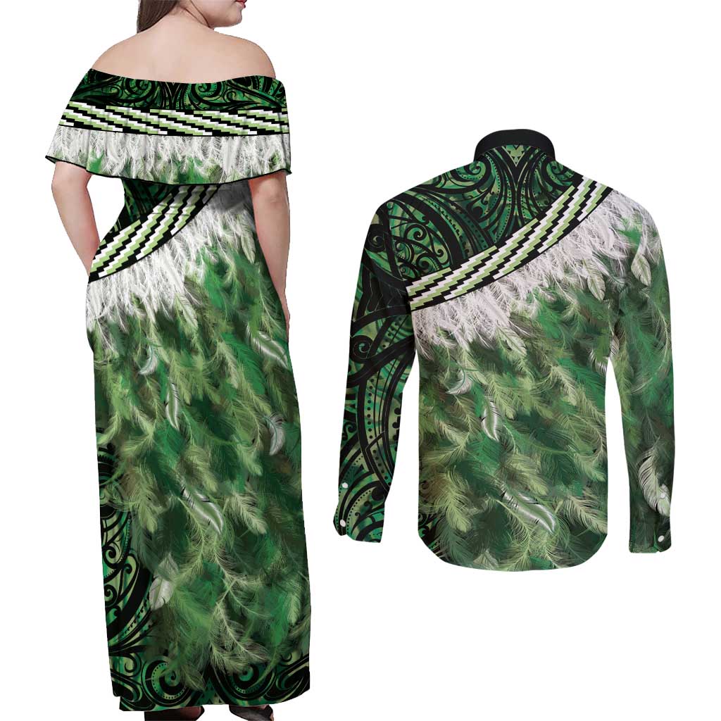 Green Traditional Cloak Aotearoa Couples Matching Off Shoulder Maxi Dress and Long Sleeve Button Shirt Maori Paua Shell Korowai Pattern LT14 - Polynesian Pride