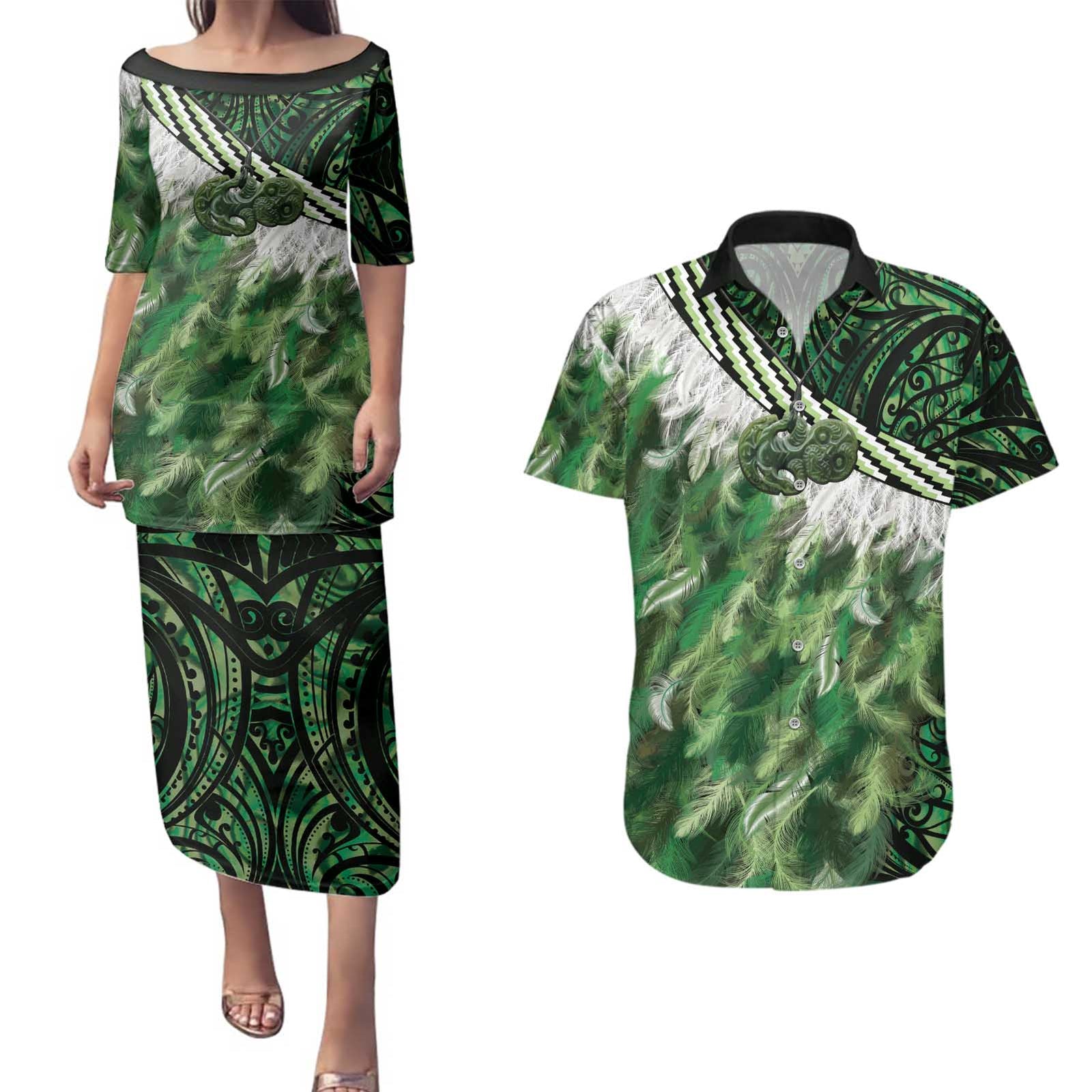 Green Traditional Cloak Aotearoa Couples Matching Puletasi and Hawaiian Shirt Maori Paua Shell Korowai Pattern LT14 Green - Polynesian Pride