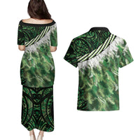Green Traditional Cloak Aotearoa Couples Matching Puletasi and Hawaiian Shirt Maori Paua Shell Korowai Pattern LT14 - Polynesian Pride