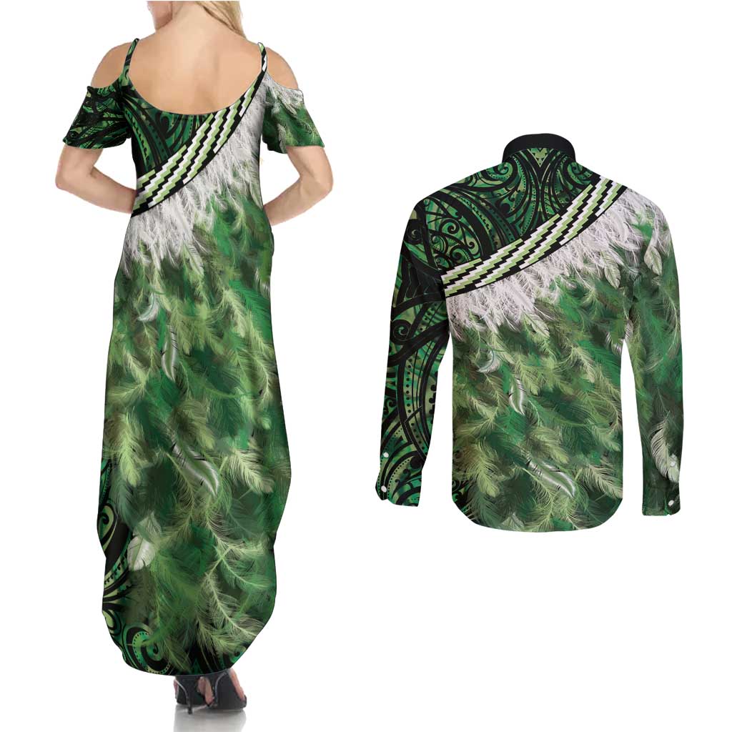 Green Traditional Cloak Aotearoa Couples Matching Summer Maxi Dress and Long Sleeve Button Shirt Maori Paua Shell Korowai Pattern LT14 - Polynesian Pride