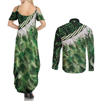 Green Traditional Cloak Aotearoa Couples Matching Summer Maxi Dress and Long Sleeve Button Shirt Maori Paua Shell Korowai Pattern LT14 - Polynesian Pride