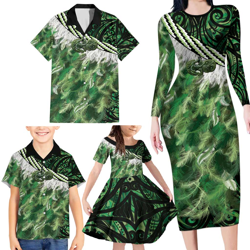 Green Traditional Cloak Aotearoa Family Matching Long Sleeve Bodycon Dress and Hawaiian Shirt Maori Paua Shell Korowai Pattern