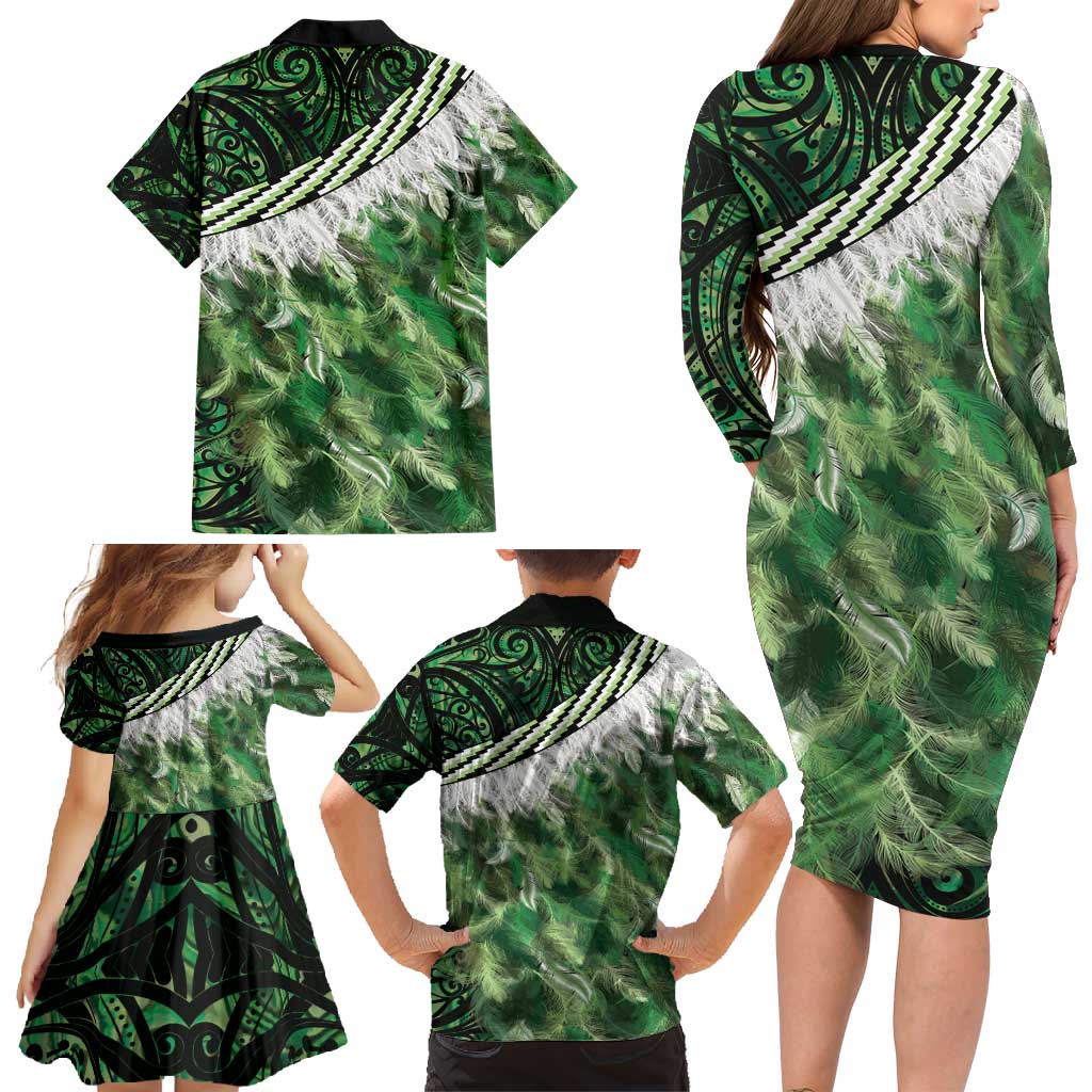 Green Traditional Cloak Aotearoa Family Matching Long Sleeve Bodycon Dress and Hawaiian Shirt Maori Paua Shell Korowai Pattern