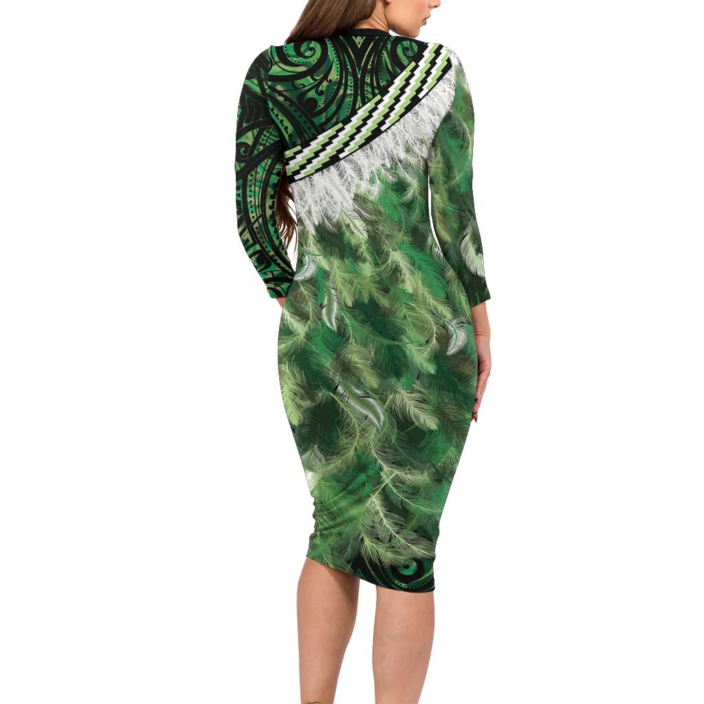 Green Traditional Cloak Aotearoa Family Matching Long Sleeve Bodycon Dress and Hawaiian Shirt Maori Paua Shell Korowai Pattern