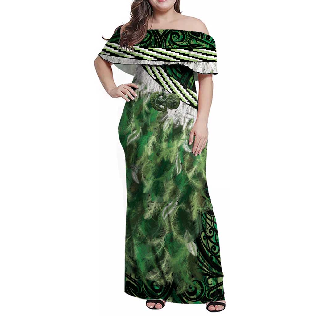 Green Traditional Cloak Aotearoa Family Matching Off Shoulder Maxi Dress and Hawaiian Shirt Maori Paua Shell Korowai Pattern