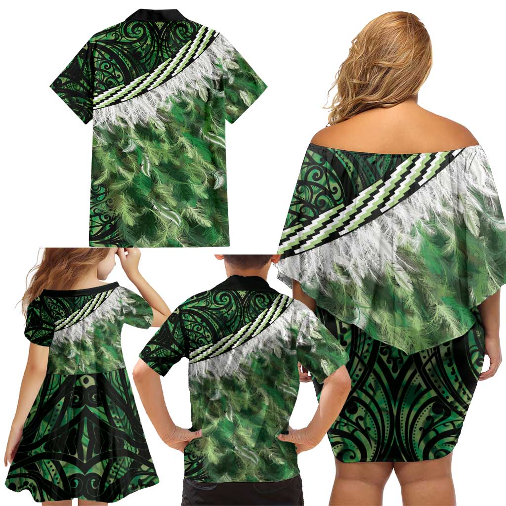 Green Traditional Cloak Aotearoa Family Matching Off Shoulder Short Dress and Hawaiian Shirt Maori Paua Shell Korowai Pattern