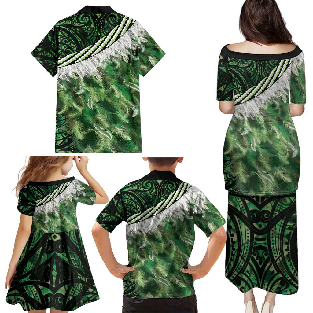 Green Traditional Cloak Aotearoa Family Matching Puletasi and Hawaiian Shirt Maori Paua Shell Korowai Pattern