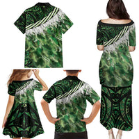 Green Traditional Cloak Aotearoa Family Matching Puletasi and Hawaiian Shirt Maori Paua Shell Korowai Pattern