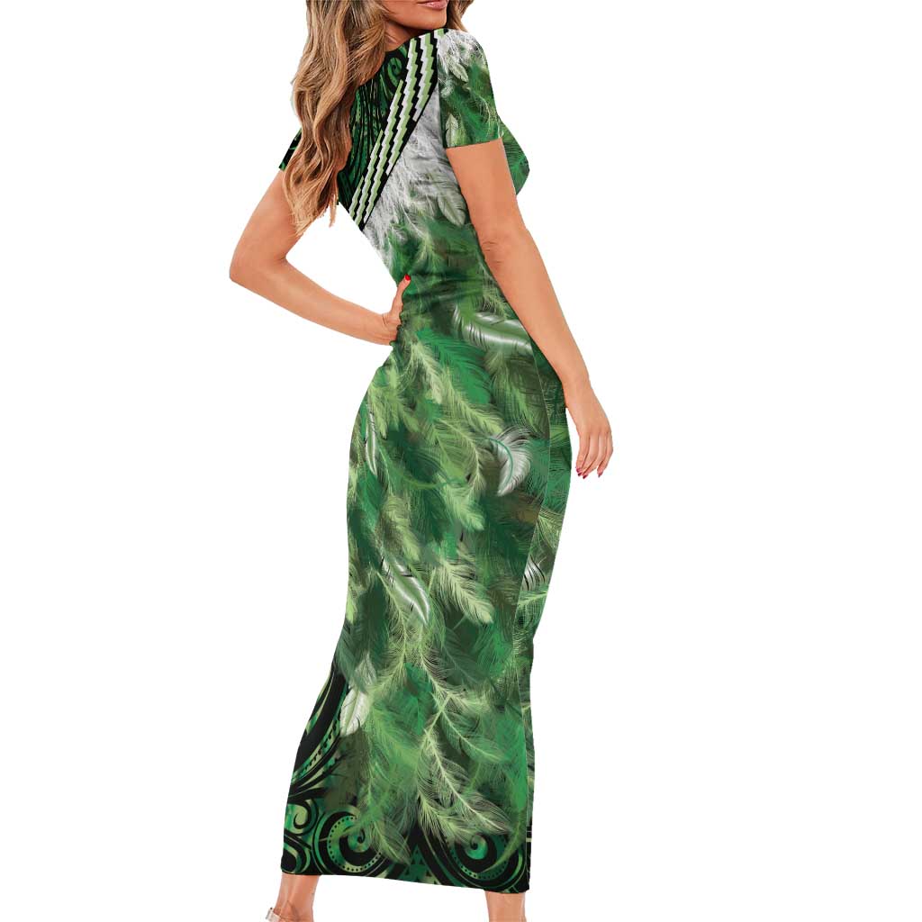 Green Traditional Cloak Aotearoa Family Matching Short Sleeve Bodycon Dress and Hawaiian Shirt Maori Paua Shell Korowai Pattern