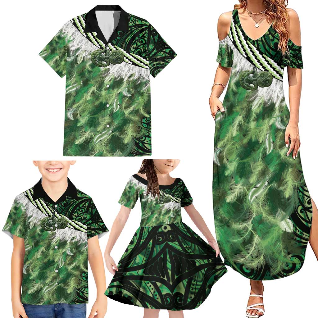 Green Traditional Cloak Aotearoa Family Matching Summer Maxi Dress and Hawaiian Shirt Maori Paua Shell Korowai Pattern