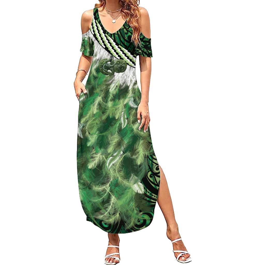 Green Traditional Cloak Aotearoa Family Matching Summer Maxi Dress and Hawaiian Shirt Maori Paua Shell Korowai Pattern