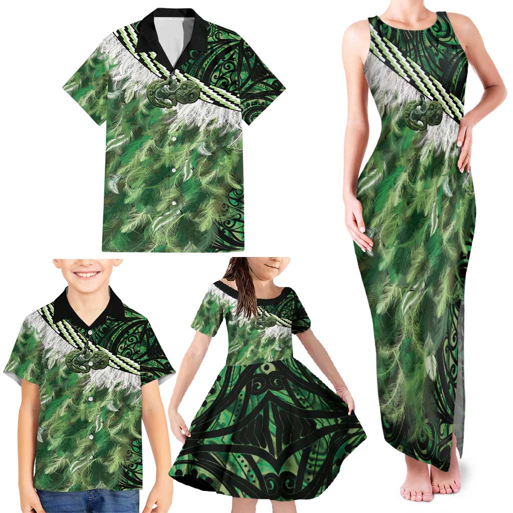 Green Traditional Cloak Aotearoa Family Matching Tank Maxi Dress and Hawaiian Shirt Maori Paua Shell Korowai Pattern