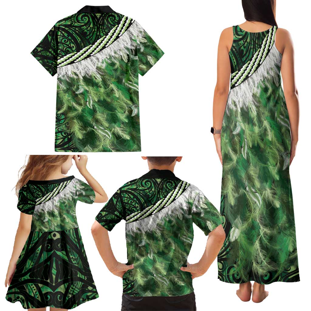 Green Traditional Cloak Aotearoa Family Matching Tank Maxi Dress and Hawaiian Shirt Maori Paua Shell Korowai Pattern