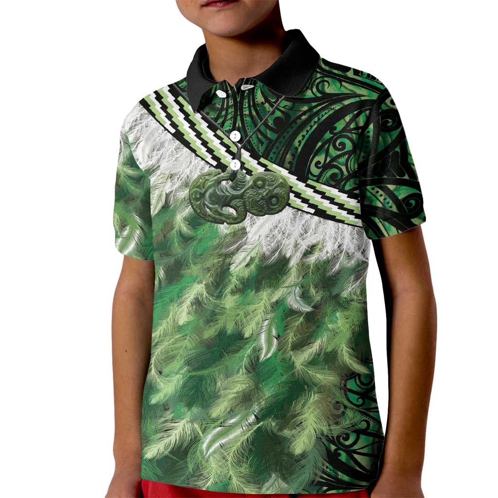 Green Traditional Cloak Aotearoa Kid Polo Shirt Maori Paua Shell Korowai Pattern