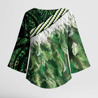 Green Traditional Cloak Aotearoa Kimono Sleeve Blouse Maori Paua Shell Korowai Pattern - Polynesian Pride