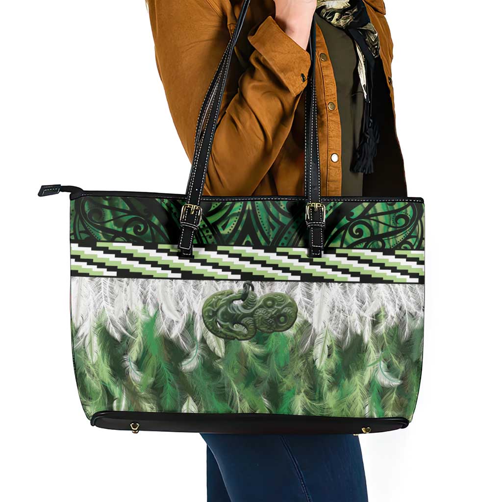 Green Traditional Cloak Aotearoa Leather Tote Bag Maori Paua Shell Korowai Pattern