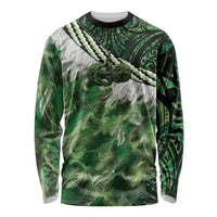 Green Traditional Cloak Aotearoa Long Sleeve Shirt Maori Paua Shell Korowai Pattern