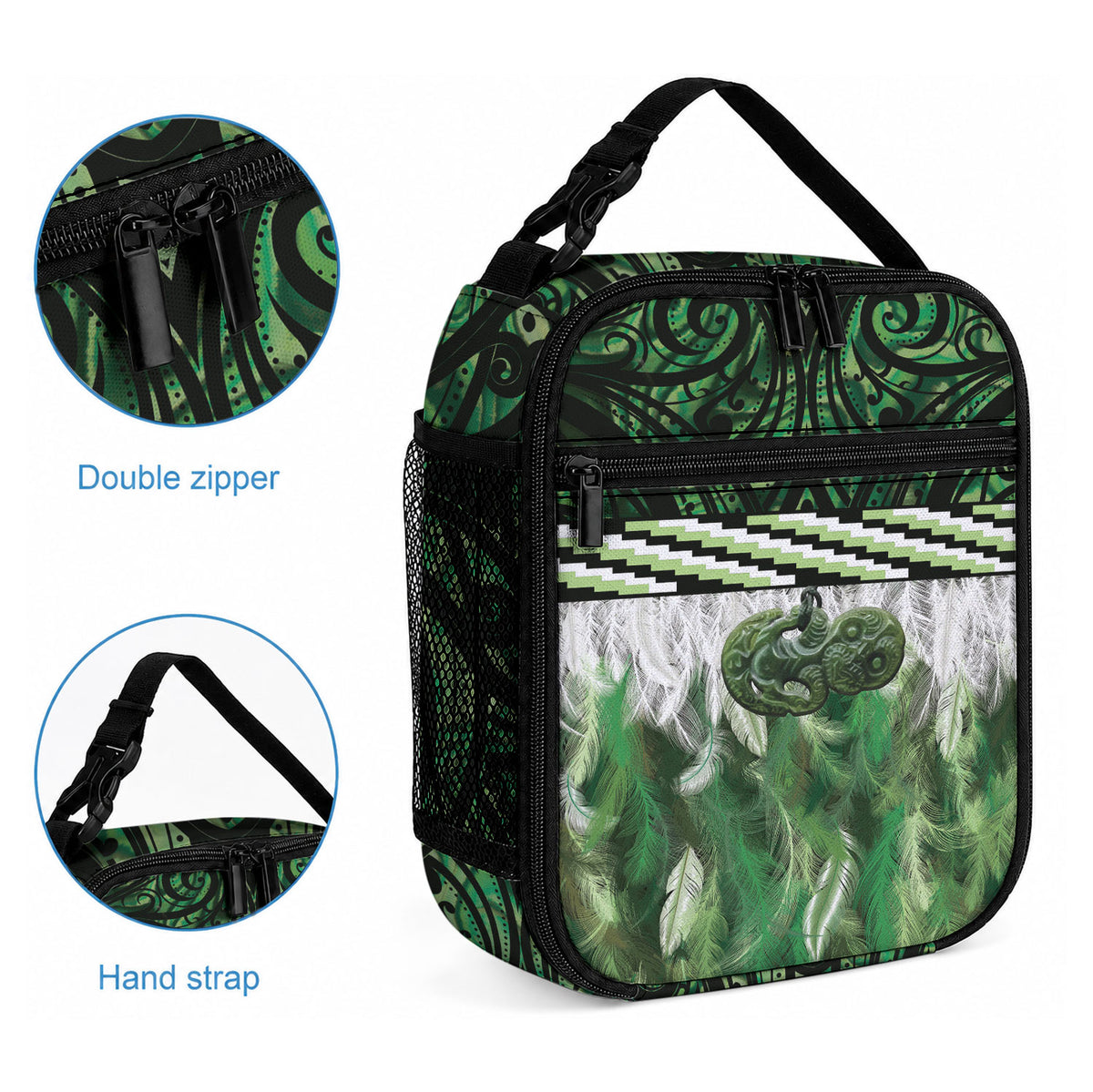 Green Traditional Cloak Aotearoa Lunch Bag Maori Paua Shell Korowai Pattern LT14 - Polynesian Pride