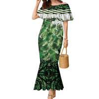 Green Traditional Cloak Aotearoa Mermaid Dress Maori Paua Shell Korowai Pattern