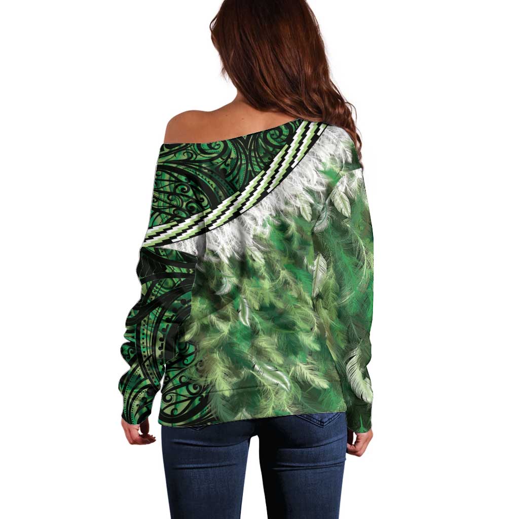 Green Traditional Cloak Aotearoa Off Shoulder Sweater Maori Paua Shell Korowai Pattern
