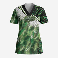Green Traditional Cloak Aotearoa Scrub Top Maori Paua Shell Korowai Pattern - Polynesian Pride