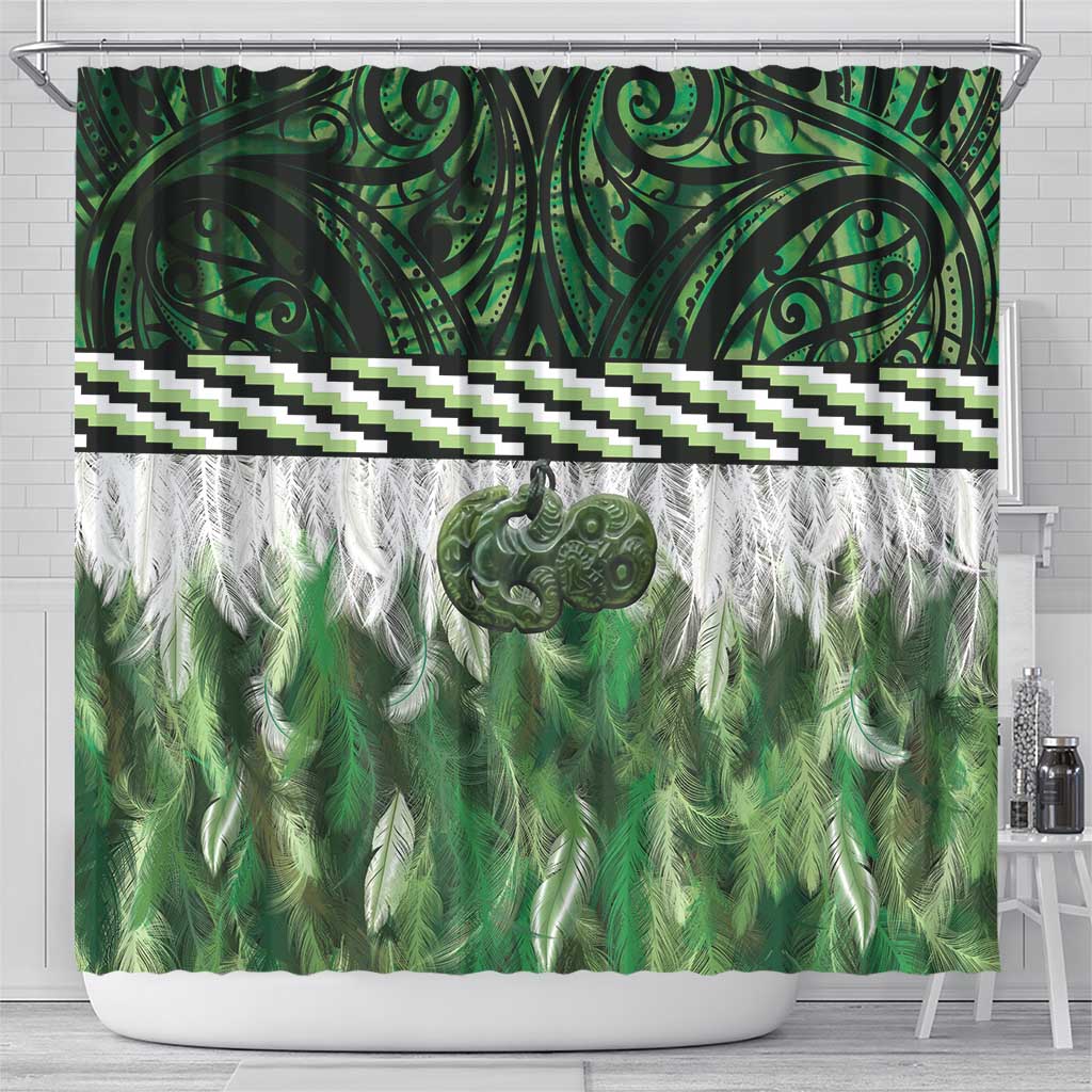 Green Traditional Cloak Aotearoa Shower Curtain Maori Paua Shell Korowai Pattern