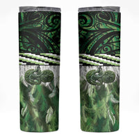 Green Traditional Cloak Aotearoa Skinny Tumbler Maori Paua Shell Korowai Pattern