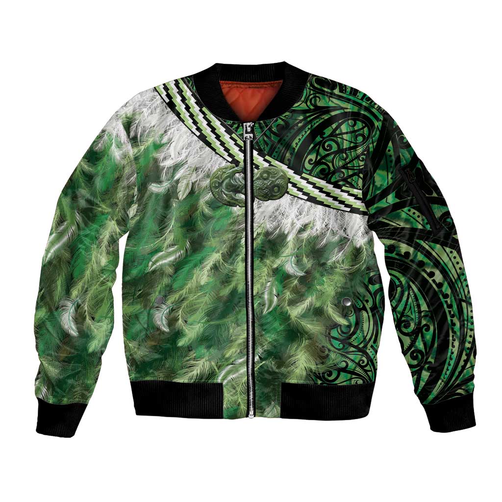 Green Traditional Cloak Aotearoa Sleeve Zip Bomber Jacket Maori Paua Shell Korowai Pattern