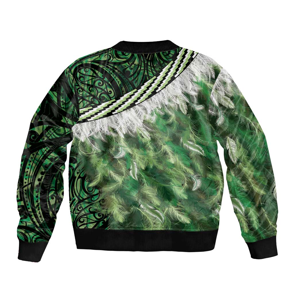 Green Traditional Cloak Aotearoa Sleeve Zip Bomber Jacket Maori Paua Shell Korowai Pattern