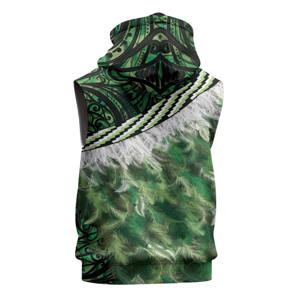 Green Traditional Cloak Aotearoa Sleeveless Zip Hoodie Maori Paua Shell Korowai Pattern - Polynesian Pride