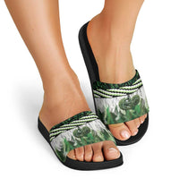 Green Traditional Cloak Aotearoa Slide Sandals Maori Paua Shell Korowai Pattern - Polynesian Pride