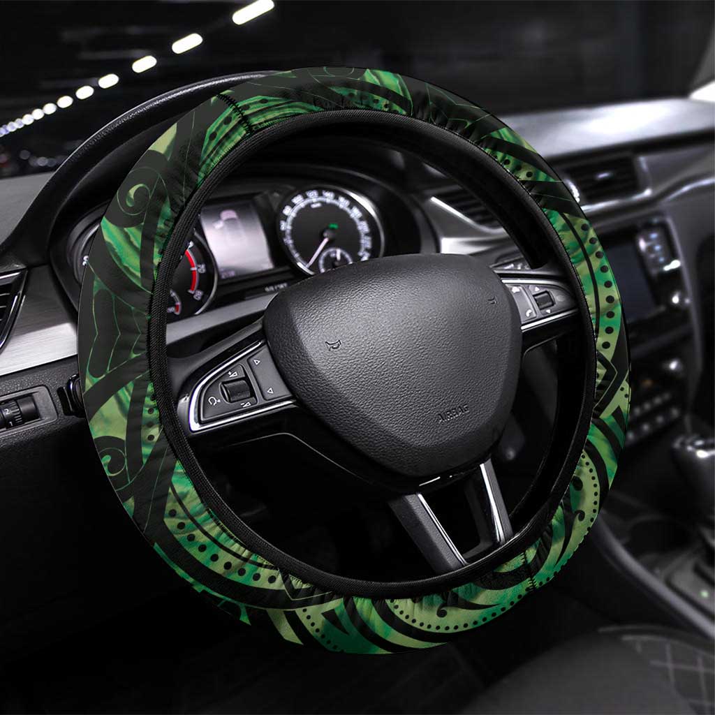 Green Traditional Cloak Aotearoa Steering Wheel Cover Maori Paua Shell Korowai Pattern LT14 Universal Fit Green - Polynesian Pride