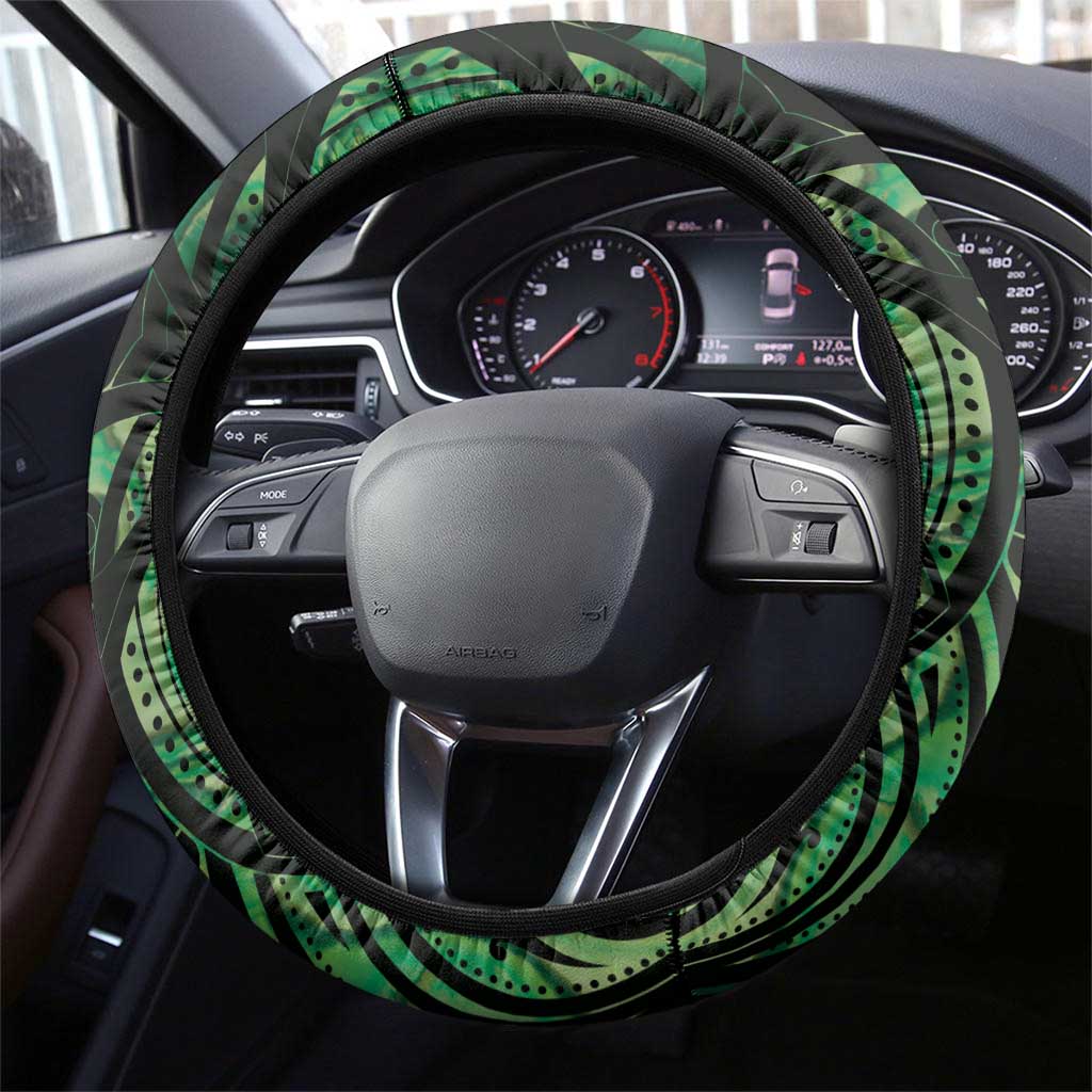 Green Traditional Cloak Aotearoa Steering Wheel Cover Maori Paua Shell Korowai Pattern LT14 - Polynesian Pride