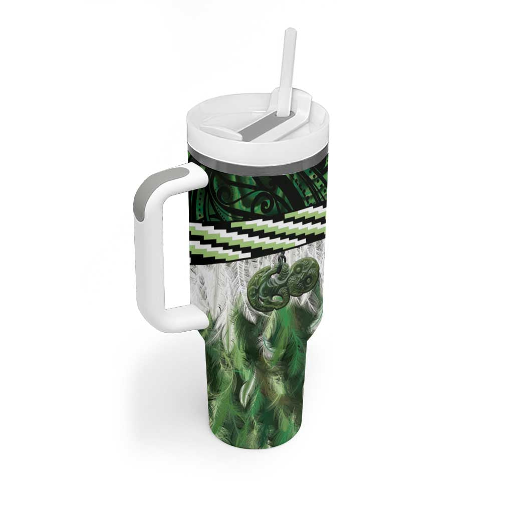 Green Traditional Cloak Aotearoa Tumbler With Handle Maori Paua Shell Korowai Pattern